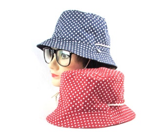 Cool Pair of Betmar Hats - Red and Blue Polka Dot with Draw String Chin Strap - Fashionable Beach - Jogging Accessory Wear 100 % Cotton