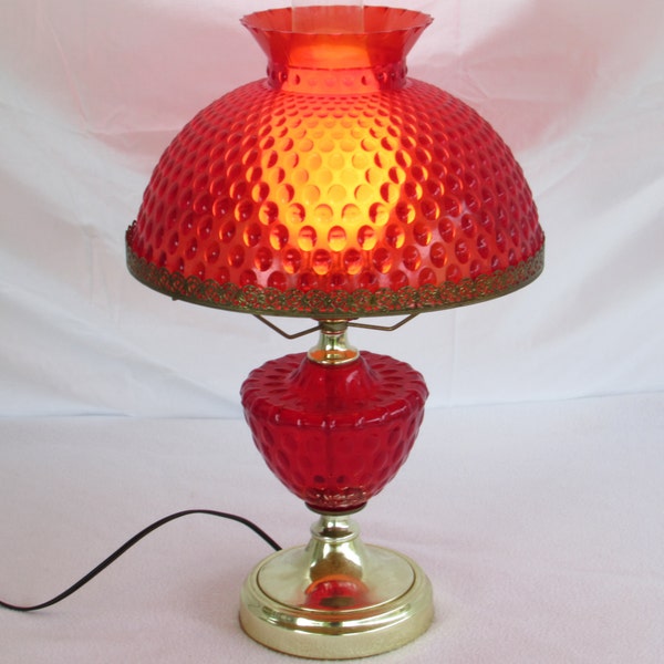 Faux Oil Red Hobnail Boudoir Lamp - Frosted Glass Chimney - Faux Glass Plastic Red Hobnail Base and Shade - Vintage Mid Century Home Decor