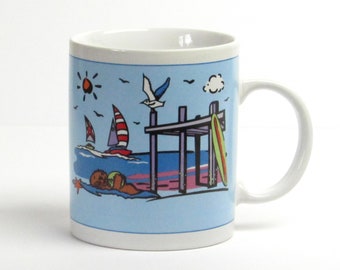 Retro California Mug - Pier - Otters - Sailboats - Seagulls - Sunshine - Surfboard - Seascape - Vintage Home - Kitchen Decor