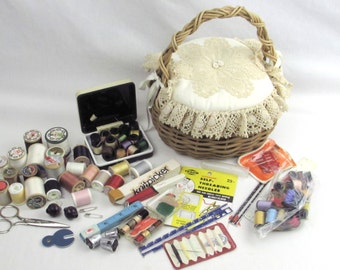 Old Fashioned Handbasket with Sewing Notions Shown - Wicker Sewing Basket with Haberdasher Sewing Supplies Pictured - Vintage Home Decor