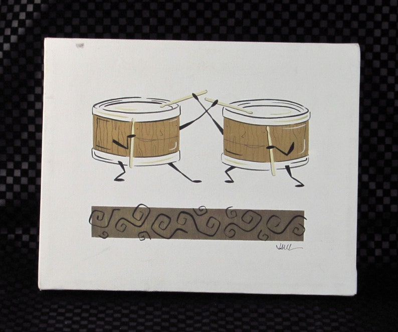 Percussion Musical Instrument Art The Tom Tom Twins by Julie Lewis Artist Signed Wall Hanging Beating Drums with Cute Story Card