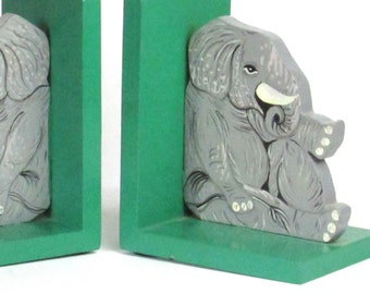 One Pair - Set = Two Elephant Bookends - Grey Elephants Pair on Green Base - Vintage Children's Bedroom - Nursery - Library Home Decor