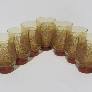 7 Victorian Style Raised Relief Amber Colored Glasses Lot of Seven 7 Scrolling Floral Design Motif image 2