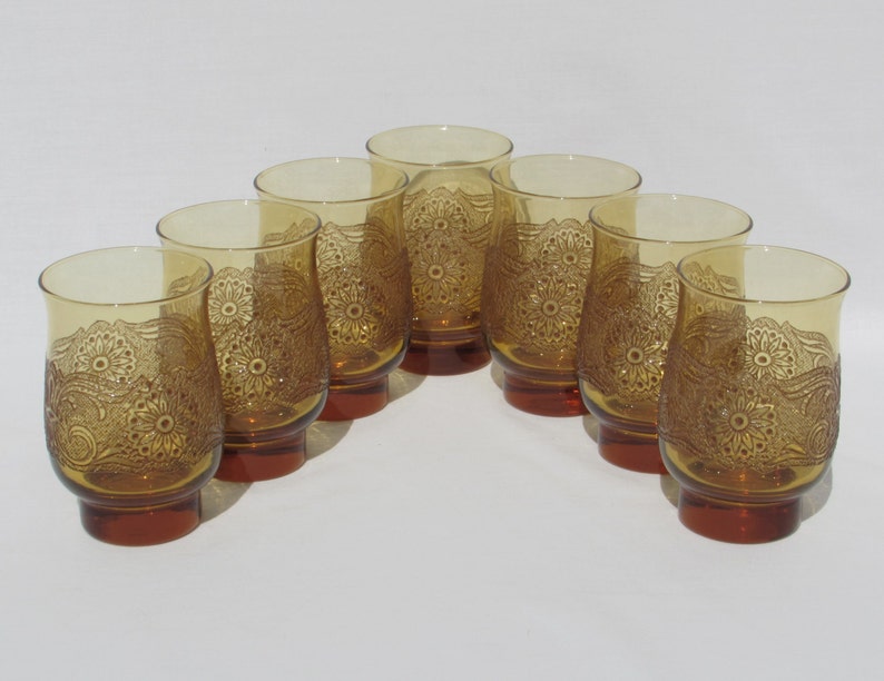 7 Victorian Style Raised Relief Amber Colored Glasses Lot of Seven 7 Scrolling Floral Design Motif image 2