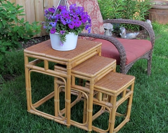 Solid Vintage Furniture Set circa 1960s-1970s Three-Piece Wicker-Bamboo Rattan Nesting Tables - Lanai - Patio -Beach -  Coastal Home Decor