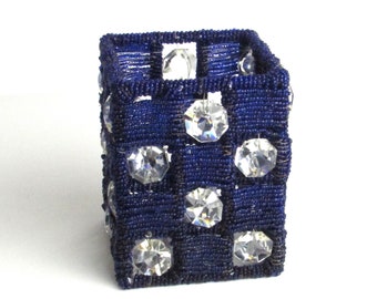 Blue Seed Bead and Crystal Candle Holder on a Silver Metal Frame - Vintage Home Decor