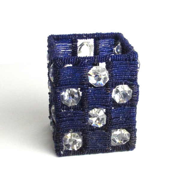 Blue Seed Bead and Crystal Candle Holder on a Silver Metal Frame - Vintage Home Decor