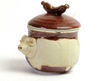 Cute little Piggy Mustard - Condiment Server - Hand Crafted Lidded Jar with Spoon - Vintage Home Kitchen Decor