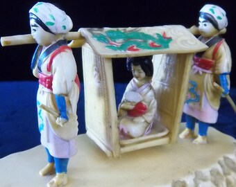 Antique Bridal Sedan Chair or King Carrier RARE OOAK Japanese Netsuke Inspired Meiji Era Ivory Colored - Vintage Home OOAK Asian Zen Decor