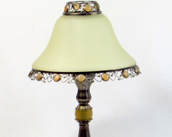 Unique Candle Lamp with Off White Shade and Amber Accent Glass Stones  -  Art Deco - Nouveau Vintage Home Lighting Decor