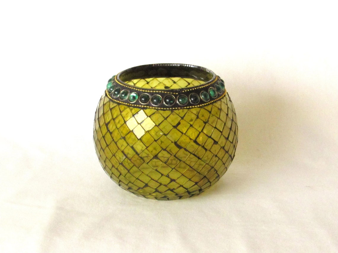 Mosaic Tile Art Glass Bowl Candle Holder Vintage Green Glass Etsy