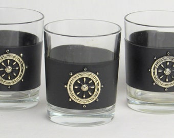 Nautical Bar Glasses - Ship Helm Design Motif - Set of Three (3) - Mad Men Rocks Glass - Beach - Ocean - Sea - Vintage Home Decor