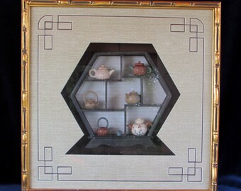 Large Glass Framed Shadowbox - Miniature Clay Pottery Teapots Collection - Vintage Home Asian Decor