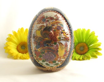 Large Satsuma Style Egg - Raised Relief - Gold Gilt - Enamel - Pheasants Vintage Asian Home Decor