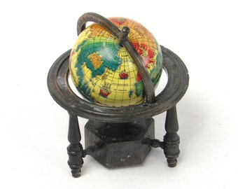 Miniature Vintage Spinning Globe with Metal Casing on a Wooden Stand - Pencil Sharpener - Doll House - Display Case - Home Office Décor