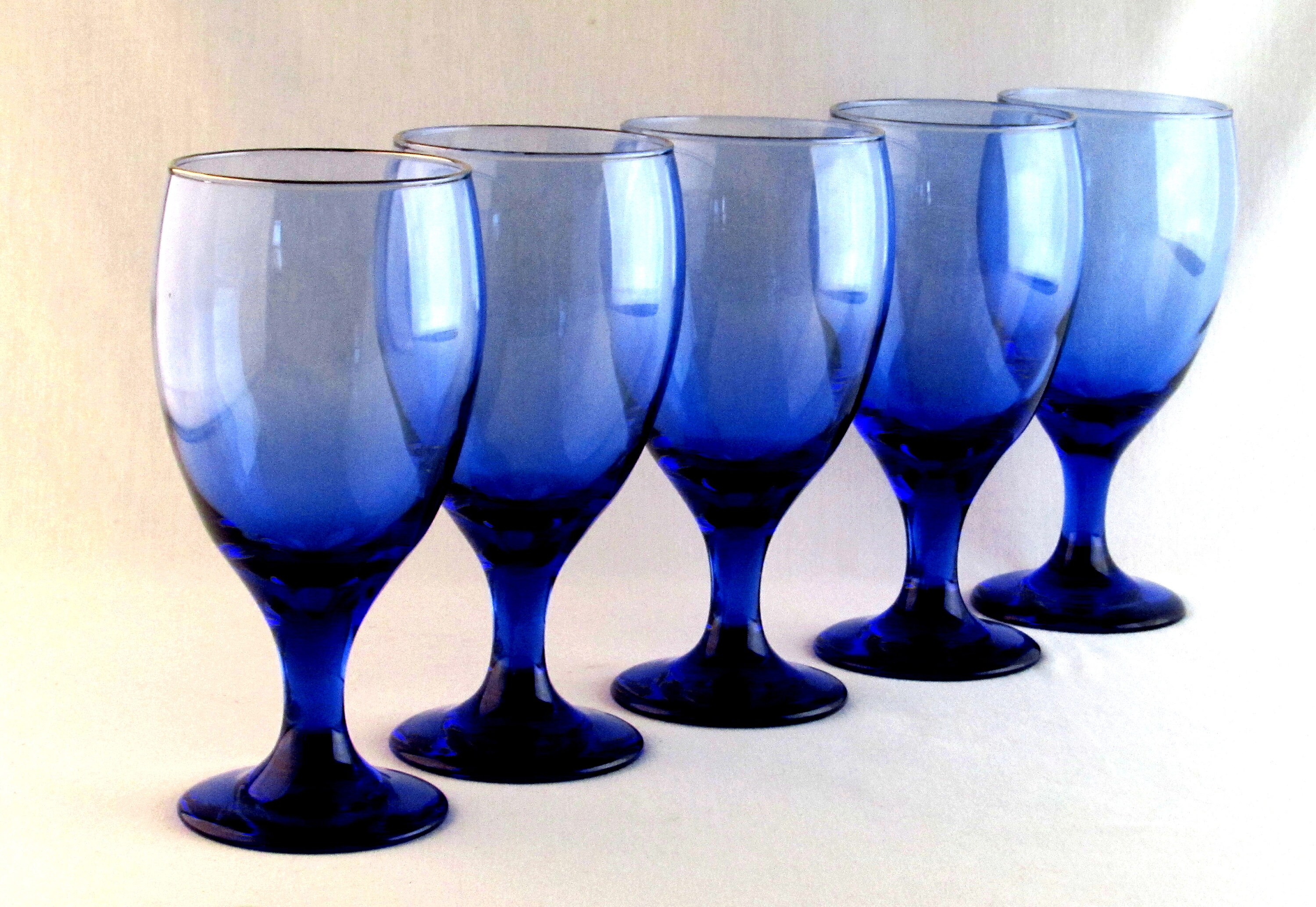 Five Large Blue Wine Glasses 5 Vintage Cobalt Blue Colored Etsy