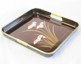 Pretty Floral Lacquer Ware Tray in Black with Gold Rim - White Flowers and Wrapped Handles