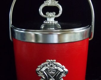 Red and Silver Mid Century Ice Bucket with Shield Crest