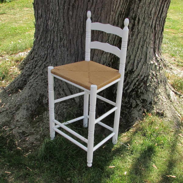 Greyhound Shipping Tall White Wood & Wicker Chair - Farmhouse Style - Bar Stool Height - French Cottage Chic - Vintage Home Furniture Decor