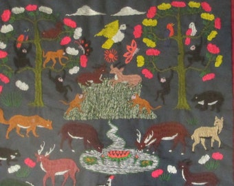 Framed Tapestry of Peaceful Animals Gathering Around the Garden of Life Hand Stitched - Embroidered Wall Hanging