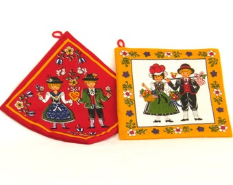 Mid Century Pot Holders Pair - Colorful Red and Yellow - Hand Stitched - Folksy Newlywed Couple in Best Dress Attire - Bright Kitchen Decor
