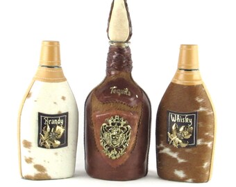 Handsome Set of Three (3) Leather Covered Decanter Bottles with Screw On Stoppers - Vintage Home Bar Decor