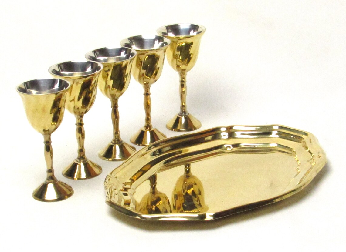 Brass Goblets and Serving Tray Golden Cordials Stainless Etsy