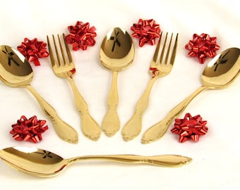 Six-Piece Gold Electroplated Flatware Forks and Spoons - Customcraft Stainless Silverware - Vintage Gold & Silver Dining Decor