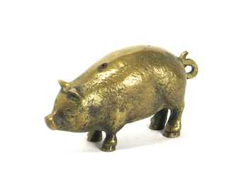 Solid Brass Pig - Golden Sculpture -  Figurine - Vintage Home Décor