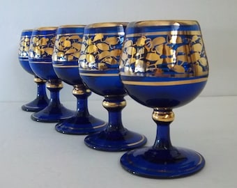 Five Fancy Cobalt Blue and Gold Goblets - Blue Glassware - Rich 22K Gold Gilt - Wine - Bar - Cocktail - Glasses Vintage Home Barware Decor