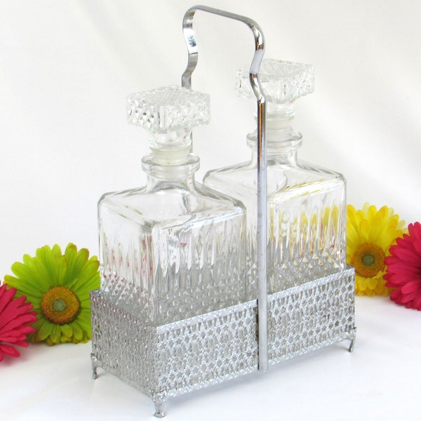 RARE Square Liquor Decanters with Silver Metal Holder - Carrier - Elegant - Fancy - Rich - Mad Men - Mid Century Home Decor