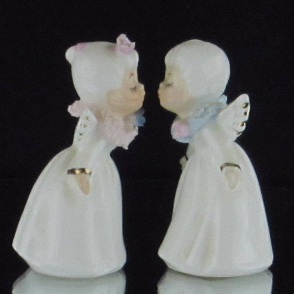 One Pair of Sweet Little Angel Figurines with 22K Gold Gilt Acccents - Two Bone China Figures by Napcoware - Vintage Mid Century Home Decor