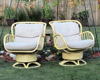 Two Chairs--One Set--Available! Quality Pair of Rattan Swivel Rocking Chairs with Cushions  - Natural Bamboo-Wicker Indoor Furniture