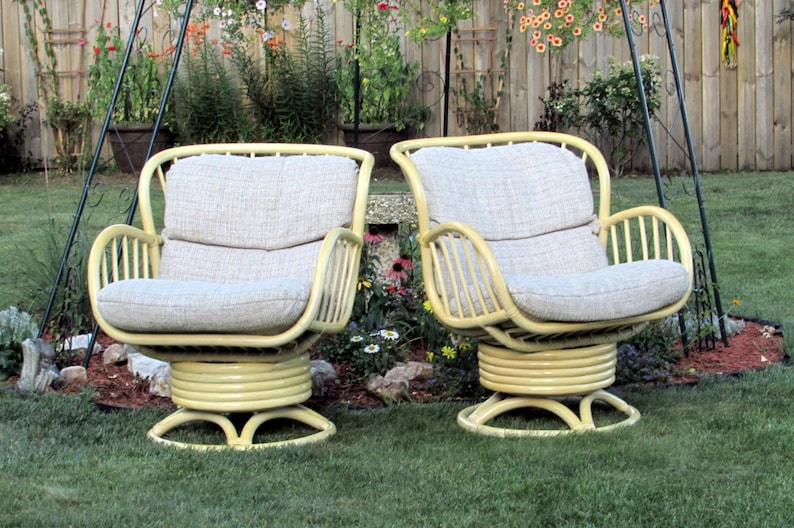 Rattan Swivel Rocking Chairs Pair Vintage Bamboo Wicker Furniture Living Room Bedroom Patio Lanai Den