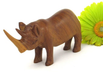 Hand Carved Wooden Rhinoceros Figurine - Wooden Rhino Sculpture - Vintage Wild Animals Home Décor