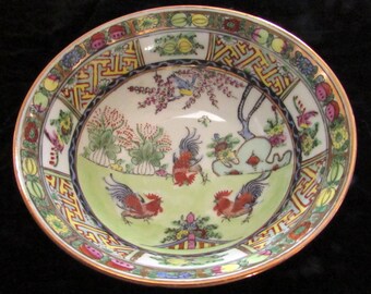Cherry Blossom Boughs and Roosters Bowl - 22K Gold Gilded - Colorful Exotic Chinoiserie - Blue and Pink Birds Positive Feng Shui Home Decor