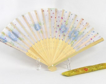 Fan with Case - Floral Design Motif with Soft Blue Flowers and Sparkle Embellishments - Yellow Embroidered Case  - Vintage Home Decor