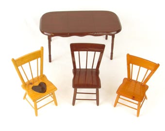 Four-Piece Doll House Furniture - Miniature Wooden Table with 3 Chairs