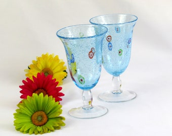 Hand Blown Millefiori Murano Glass Goblets - Water Glasses Pair - Two-Piece - Light Robins Egg Blue Sky - Ocean - Baby Blue Glassware