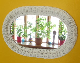 White Wicker Mirror - Ready to Hang Vertically - Horizontally - Cool 1960s -70s Boho Shabby Chic Wicker Mirror - Classic Elegance Home Decor