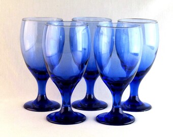 Five Large Blue Wine Glasses (5) - Vintage Cobalt Blue Colored Glassware