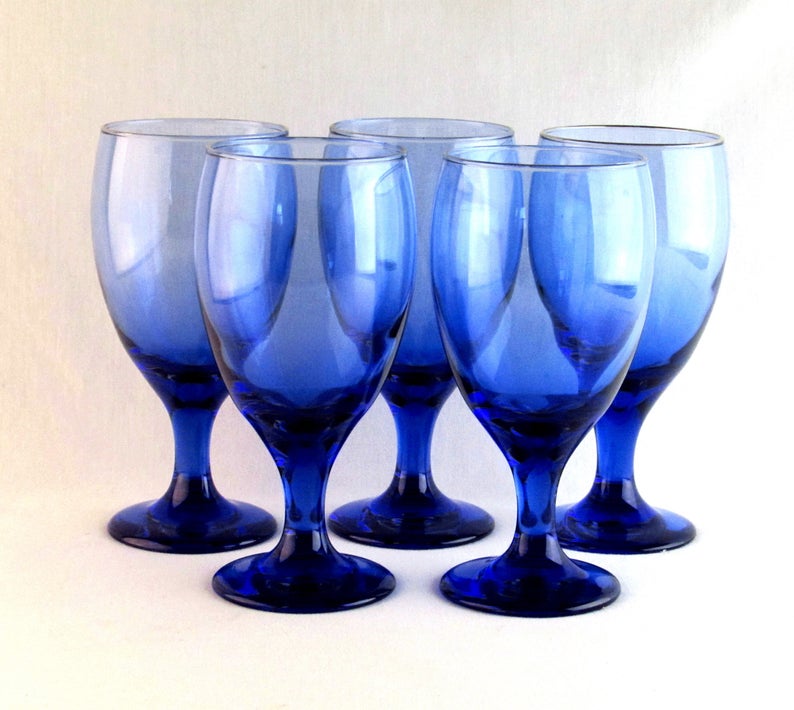 Five Large Blue Wine Glasses 5 Vintage Cobalt Blue Colored Etsy