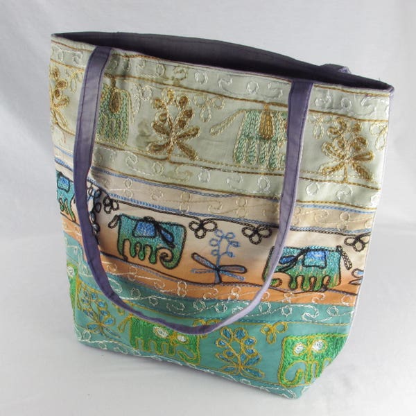 Retro Boho Elephant Bag - Made in India - Three Rows of Emboidered Elephants - Purple - Violet Interior Back and Handles - Cool Hippie Purse