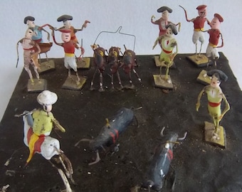 The Bullfight Tiny Miniature Matadores and Bulls - VERY RARE - Clay - Wire -Wood - Vintage Diorama Cultural Global Decor