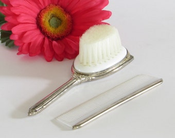 Child's Silver Vanity Set - Brush abd Comb - Raised Relief Rose Design Motif - Princess Hair Care Set - Vintage Grooming - Styling Decor