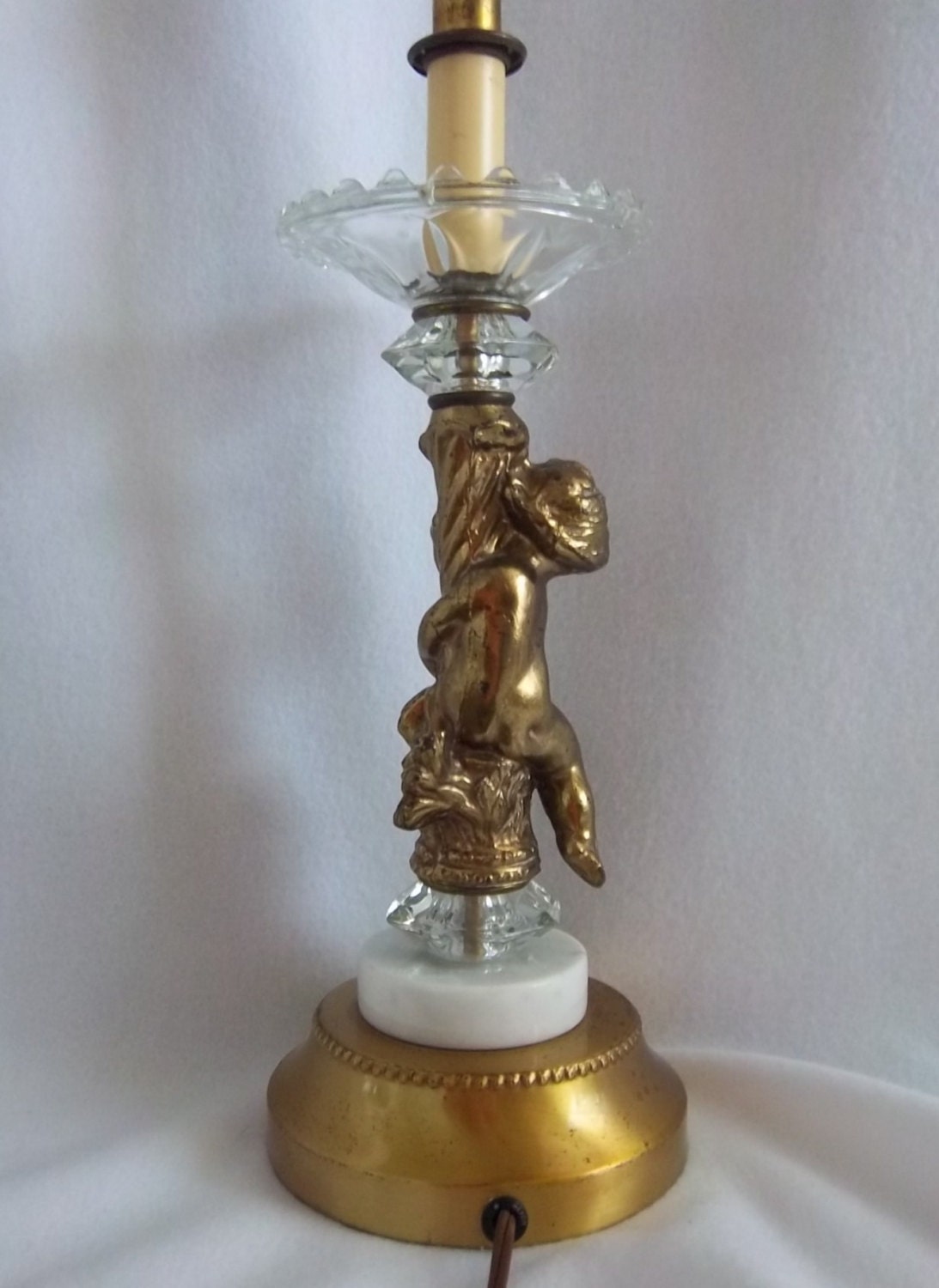 Child Angel Lamp Brass Cherub With Crystal Accents and Marble Base Vintage  Art Nouveau Home Lighting Décor 