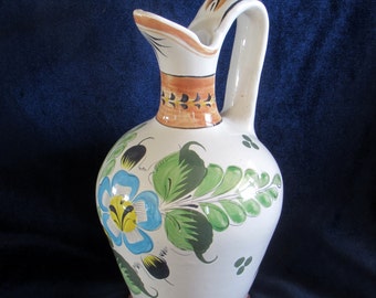 Large Colorful Tonala Studio Pottery Water Pitcher - Decorative Vase - Sky Blue - Lemony Yellow Floral - Green Foliage OOAK Jug