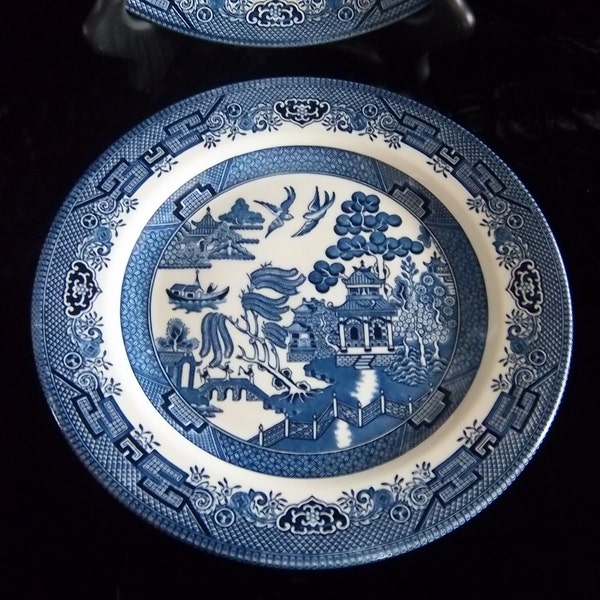 Lot of Two 10.25" Inch Dinner Plates Blue Willow Pattern Dishes by Churchill of Staffordshire England Lion Makers Mark Signed