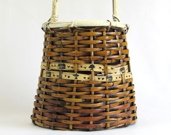 Tall Wicker Basket -  Long Handle - Deep - Home Hearts and Trees Design Motif - Fruit Collecting Basket - Umbrella Stand - Unique Home Decor