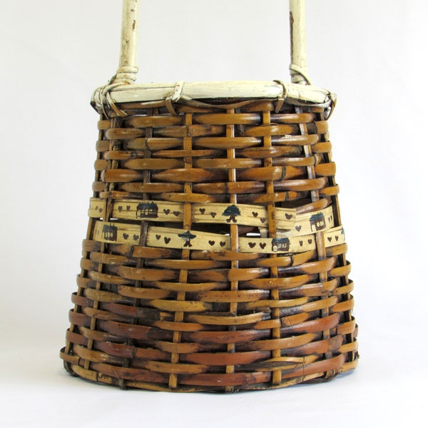 Tall Wicker Basket -  Long Handle - Deep - Home Hearts and Trees Design Motif - Fruit Collecting Basket - Umbrella Stand - Unique Home Decor